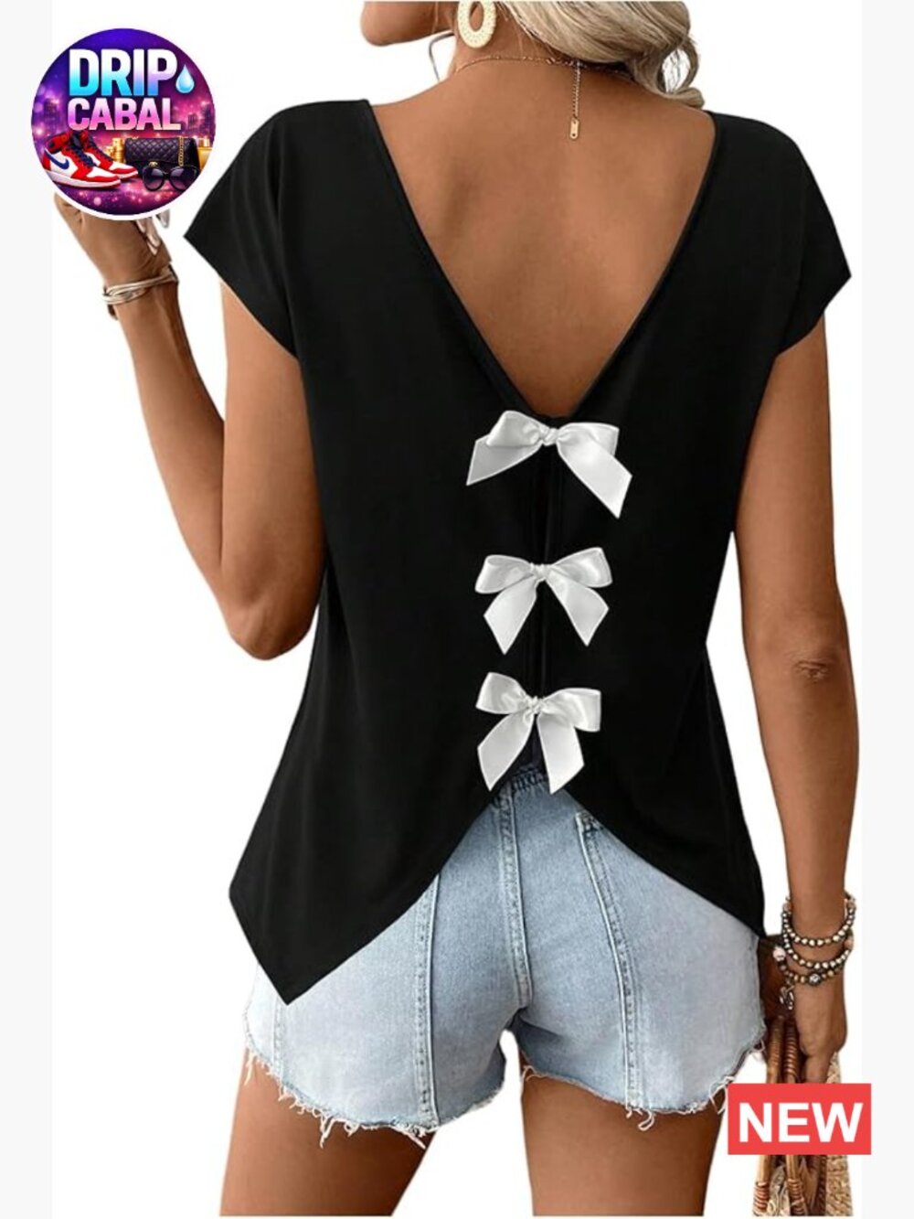 Bow Front Short Cap Sleeve V Neck Asymmetrical Backless Tops